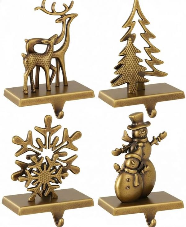 4Pcs Christmas Stocking Holders Double Mantle Anti-Slip Velvet Brass Stocking Holder for Mantle Decorative Mantel Stocking Hanger Hooks for Fireplace Shelf Xmas Decor (4,Bronze)