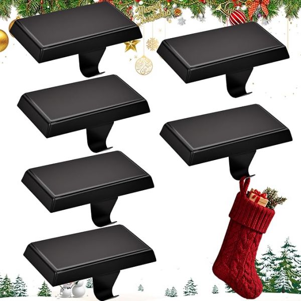 Christmas Stocking Holders for Mantle Set of 6, Non-Slip Base Metal Stocking Hangers, Heavy Duty Stocking Hooks for Xmas Holiday Decorations, Fireplace Christmas Decor Hooks for Home