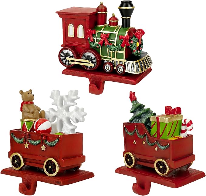 Christmas Train Stocking Holders for Mantle with Hook Set of 3, Red Cast Iron Weighted Stocking Hooks,Heavy Duty Stocking Hangers for Fireplace, Table, Holiday Party Mantle Decoration