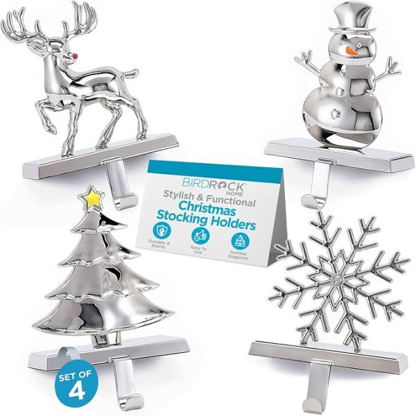 BIRDROCK HOME Christmas Stocking Holders for Mantle Set 4, Silver