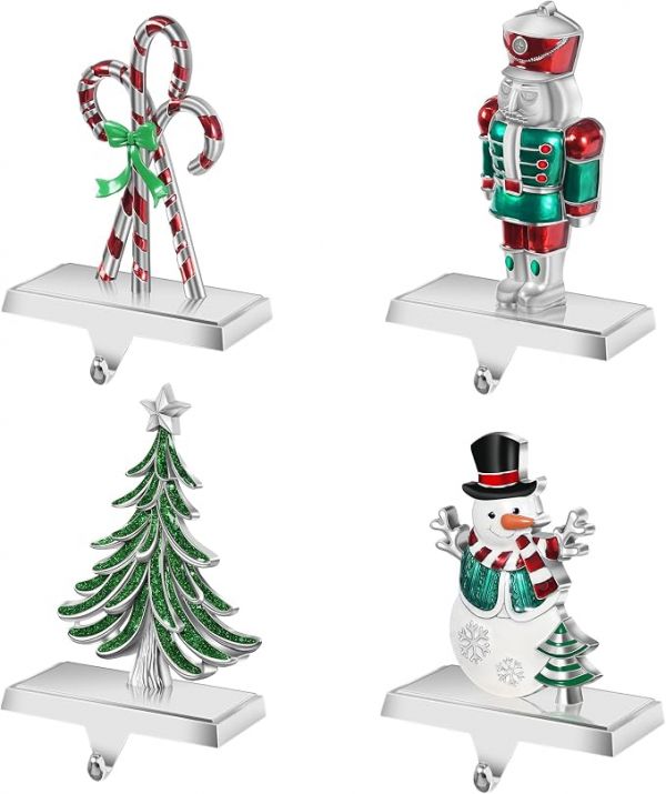 Christmas Stocking Holders for Mantle Set of 4, Snowman Xmas Tree Nutcracker Candy Cane 3D Stocking Hangers, Weighted Base Metal Christmas Decorations for Fireplace, Shelf, Tabletop