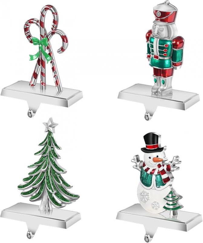 Christmas Stocking Holders for Mantle Set of 4, Snowman Xmas Tree Nutcracker Candy Cane 3D Stocking Hangers, Weighted Base Metal Christmas Decorations for Fireplace, Shelf, Tabletop