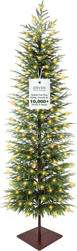 6FT Norfolk Pine Pencil Christmas Tree, Pre-Lit 170 LED Lights with 8 Modes, Real-Touch PE Material, Family & Pet Friendly, Heavy-Duty Weighted Base for Home Office Patio Christmas Decor