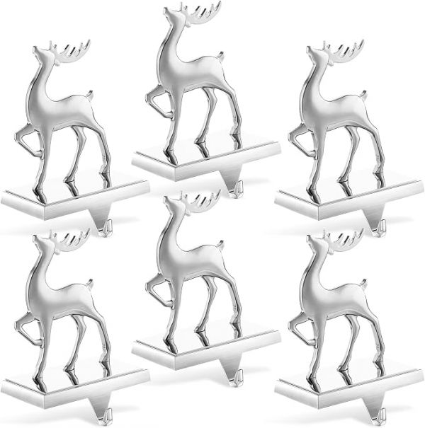 Jetec Reindeer Deer Christmas Stocking Holders Stand Silver Heavy Metal 6 Hangers Set Mantle Fireplace Wall Hanging Xmas Home Kitchen Decoration Ornament Table