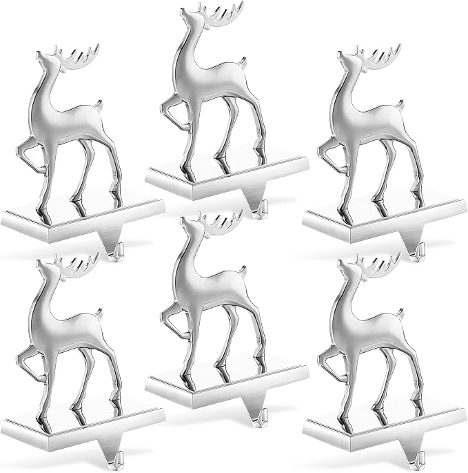 Jetec Reindeer Deer Christmas Stocking Holders Stand Silver Heavy Metal 6 Hangers Set Mantle Fireplace Wall Hanging Xmas Home Kitchen Decoration Ornament Table