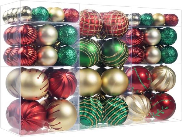 100Pcs Christmas Ball Ornaments Set, Assorted Shatterproof Christmas Ornament, Christmas Tree Theme Hanging Decoration for Xmas Tree/Holiday/Party/Home Decor (Gold & Red & Green)