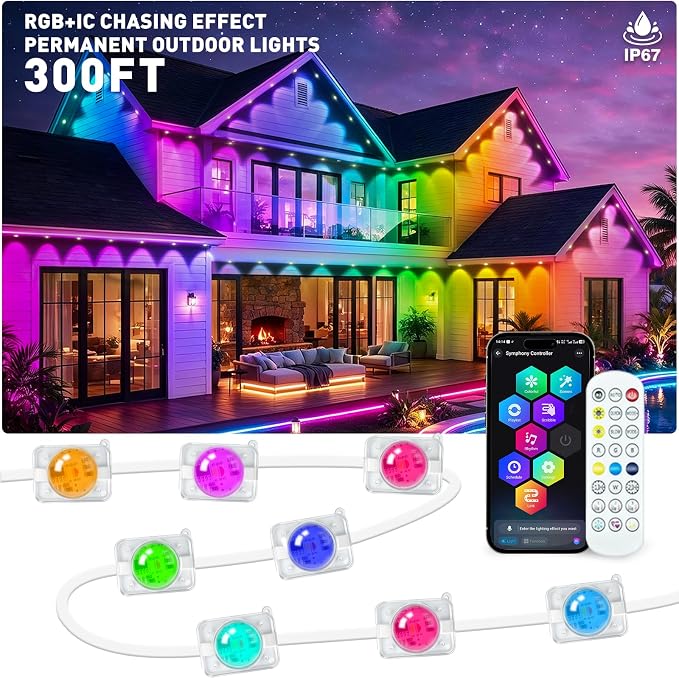 300FT Permanent Outdoor Lights, RGB+IC Waterproof Smart LED Eaves Lights with App & Remote Control, for Christmas and Holiday Decor, Daily and Accent Lighting for House Roof, Patio and Garden