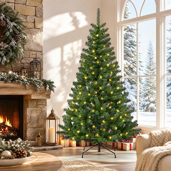 6FT Xmas Tree with 150 LED Plug-in Twinkle Lights & Gloves Set, 180cm Full Artificial Christmas Tree 650 Tips, Green Hinged Holiday Decoration with Stand for Home Living Room Indoor