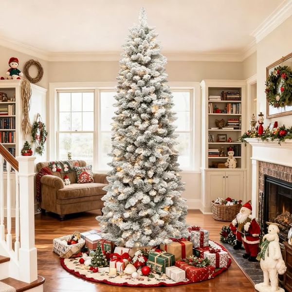 Hykolity 7.5ft Prelit Slim Flocked  Christmas Tree with 240 Multicolor LEDs
