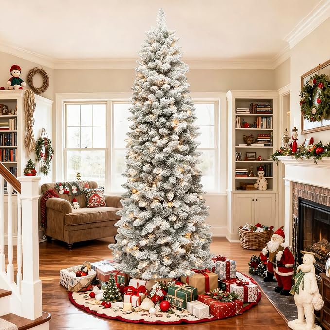 Hykolity 7.5ft Prelit Slim Flocked  Christmas Tree with 240 Multicolor LEDs