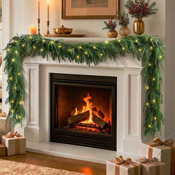 9FT Norfolk Pine Garland with Lights, Prelit Christmas Garland