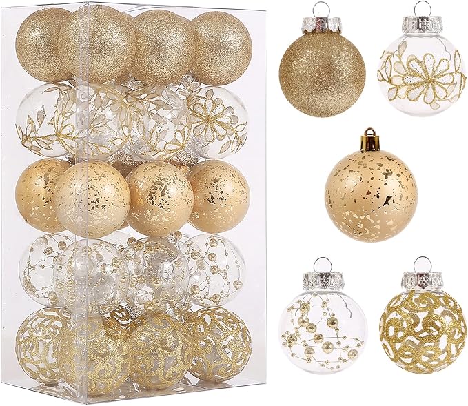2.36" Clear Christmas Ornaments Set, 30ct Gold Ornaments for Christmas Tree