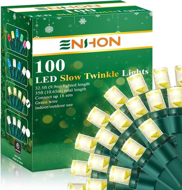 Slow Twinkling Christmas Light, 1 Pack, Warm White 100 Lights 35FT