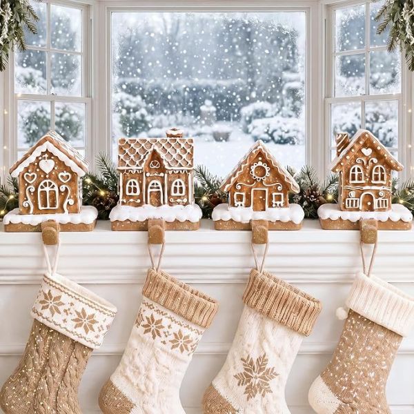 4 Pack Christmas Gingerbread House Stocking Holders for Mantle