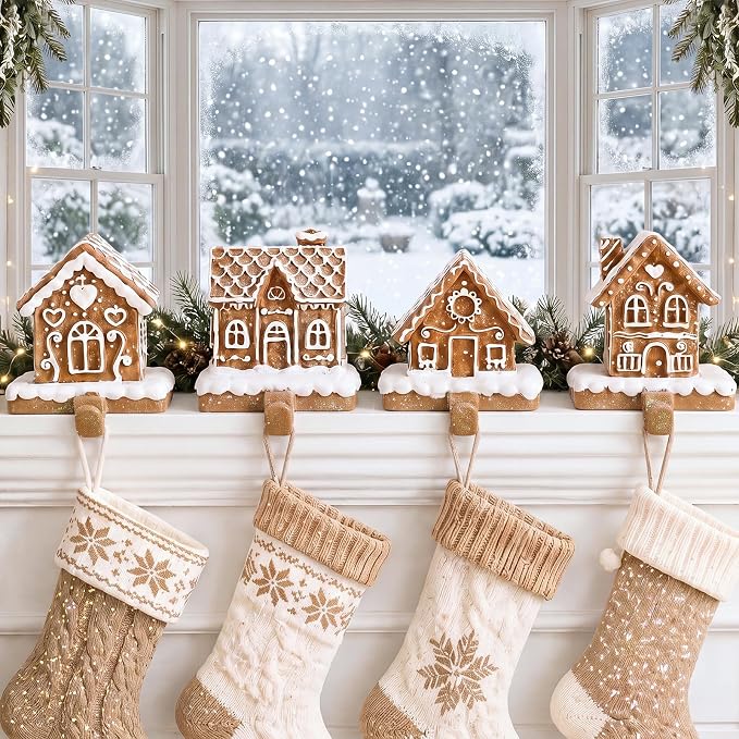 4 Pack Christmas Gingerbread House Stocking Holders for Mantle