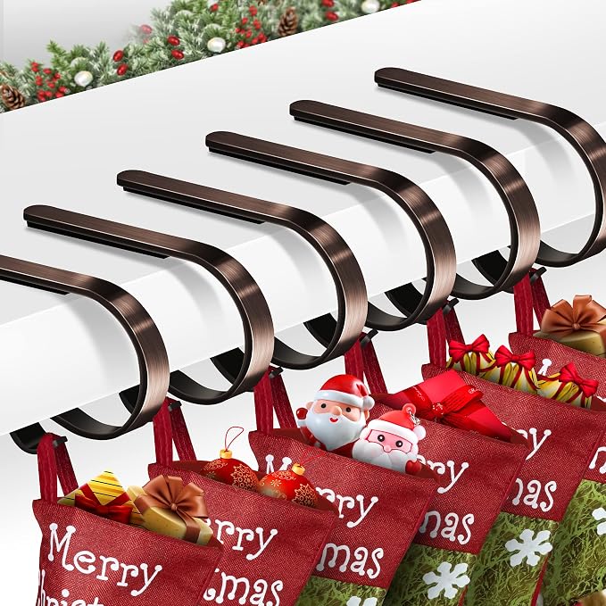 Christmas Stocking Holders for Mantle Set of 6, Non-Slip Adjustable Stocking Holders, Stocking Hanger for Christmas Party Decorations(Bronze)