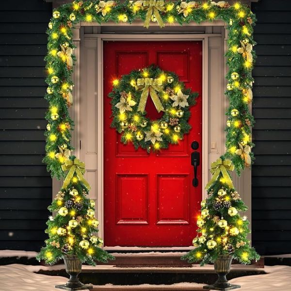 4 Piece Pre Lit Gold Christmas Garland and Wreath Set
