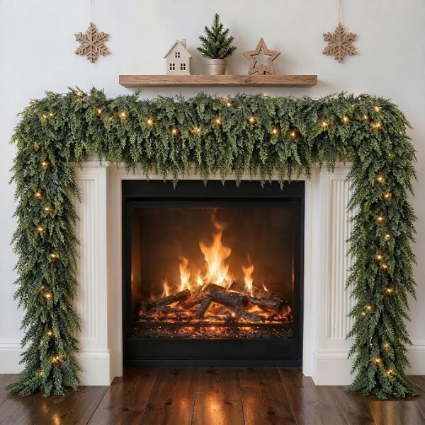 Pre-Lit 9FT Cedar Christmas Garland, Real Touch Artificial Winter Greenery with Lights, for Mantel, Fireplace, Tabletop, Staircase, Door, Indoor and Outdoor Christmas Decorations