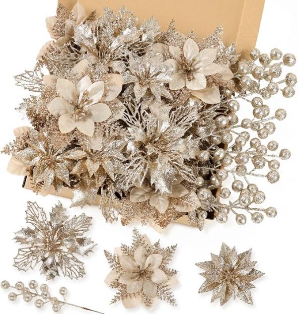 N&T NIETING 24 Pcs Christmas Poinsettia Artificial Flowers & Glitter Berries Stems Kit Christmas Floral Picks Christmas Tree Garland Wreath Filler Ornaments for Home Party Xmas Decor, Champagne Gold