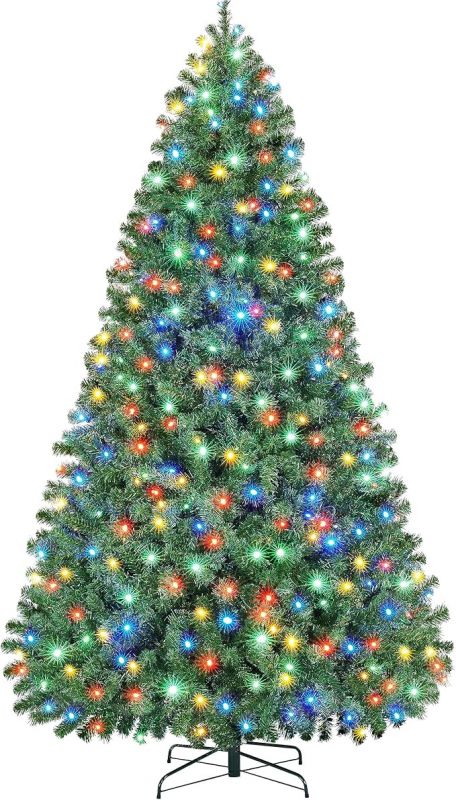 Yaheetech 7.5ft Pre-lit Spruce Artificial Christmas Tree Hinges Tree with 550 Multicolor LED Lights & 1354 Branch Tips & Metal Stand for Home, Office, Party Decoration, Green