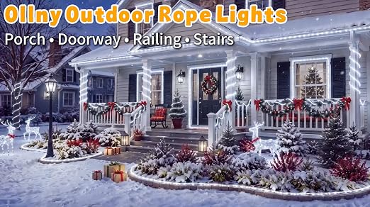 Ollny Christmas Rope Lights Outdoor, 50 FT 300 LED, Plug&Remote, Cool White