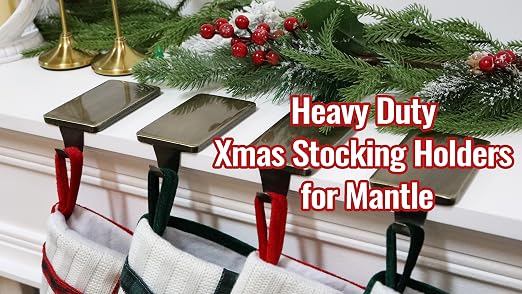 Christmas Stocking Holders for Mantle Set of 4, Black Heavy Duty Iron Stocking Hangers Base, Low Profile Weighted Stocking Holder Hooks for Fireplace Tabletop Shelf Christmas Decoration