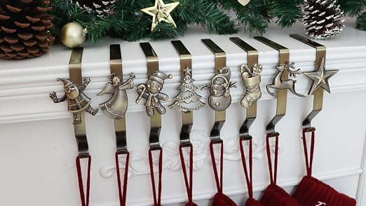 Christmas Stocking Holder for Mantle Set of 6, Reusable Christmas Stocking Hooks, No-Damage Xmas Hanger for Fireplace mantle Grip Stand Christmas Decoration Ornaments Hanging Bronze Shelf Floor
